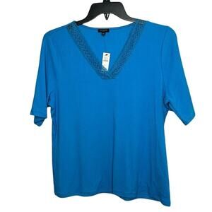 Talbots Ribbed Blue V Neck Lace Cotton Blend Popover Stretchy Top Size XL New